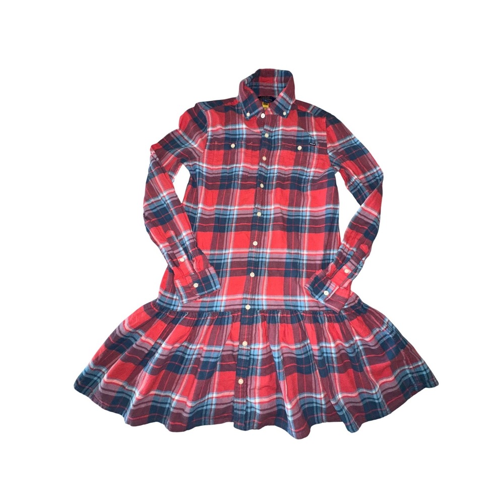 Polo Ralph Lauren Shirt Dress Girls 14 Red Plaid Drop Waist Ruffle Collar